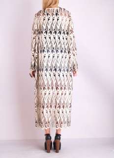 Vtg METALLIC CROCHET Lace Sheer Cutout NOUVEAU SCALLOP Maxi Dress Coat 
