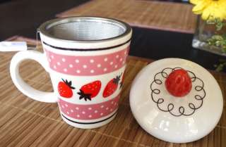   Japan Strawberry Cake Ceramic Coffee/Tea Mug Cup w/ Strainer & Lid Set