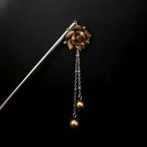  Polymer Rose Hair Stick with Pearl Tassels Brown Beauty