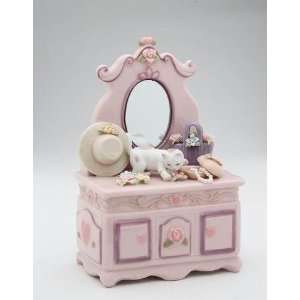   Kitten Playing In Jewelry Atop Pink Dresser And Vanity Music Box Home