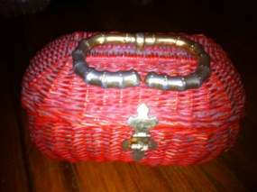 Vintage Red Sewing Box Purse Wicker Basket Faux Bamboo Handle  