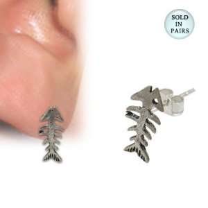  Sterling Silver Fish Bone Stud Earrings Jewelry
