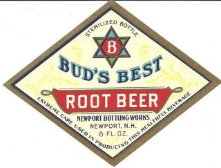 Buds Best Root Beer Soda Label Newport Bottling N.H.  
