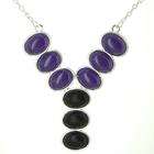  Silvertone Purple and Black Stone Drop Necklace