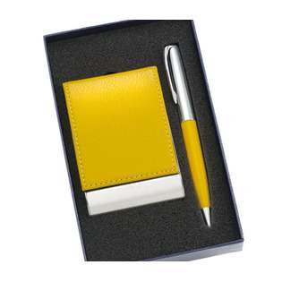   Yellow PU Leatherette Metal Card Case and Matching Pen with Gift Box