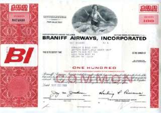 Braniff Airways Incorporated Stock Certificate 1969  