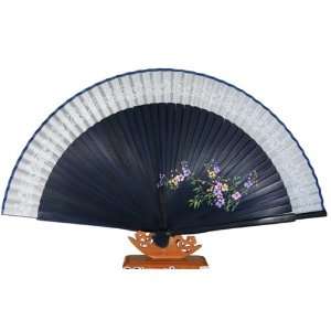  Silver J Oriental hand fan, navy bamboo & silver silk 