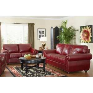  2pc Sofa Set with Nail Head Trim in Deep Burgundy Leather 