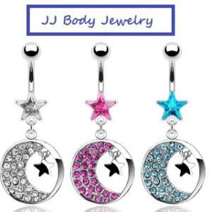 Moon Star Round Dangle Navel Belly Ring  