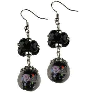 Black Crystal Bead and Smooth Glass Flower Inlay Stone Dangle Earrings