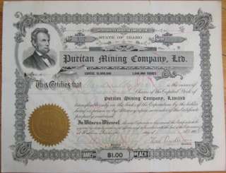 1906 Stock Certificate Puritan Mining, Abraham Lincoln  