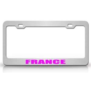 FRANCE Country Steel Auto License Plate Frame Tag Holder, Chrome/Pink