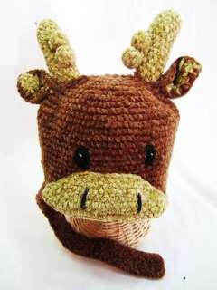   Hat MOOSE knitted beanie ANIMAL CRITTER hat infant w Chin Strap Button
