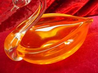 Vintage MURANO Hand Blown ART GLASS SWAN DISH Orange  