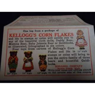 c1930s KELLOGGS CORN FLAKES Goldilocks.3 Bears Coupon  