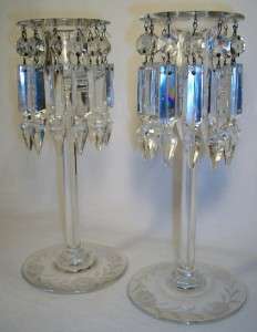   Etched Cut Glass Sinclaire Crystal Candle Holders Sticks Prisms  