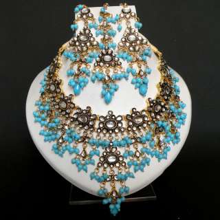 4PC INDIAN GOLD PLATED BRIDAL KUNDAN JEWELRY NECKLACE EARRING TIKKA 