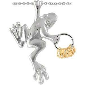   Silver Wish Ring Dangle Frog Pendant with Cable Chain .925 Jewelry