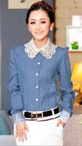 Womens Clothes Ruffle Front Denim Lace Collar Top Shirt Blouse 
