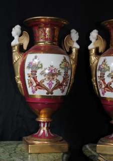 Pair German Dresden Porcelain Bisque Maiden Urns Vases  