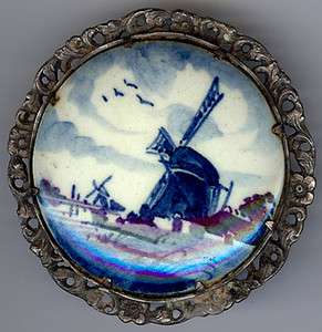 LARGE VINTAGE SIGND STERLING SILVER DELFT WINDMILL POTTERY PIN  