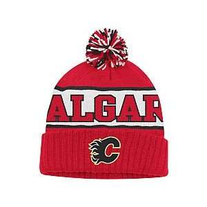  Reebok Calgary Flames Faceoff Cuffed Pom Knit Hat One Size 
