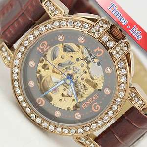 Lady Fashion Diamonds Women Wrist Watch Automatic Skeleton Brown 