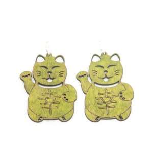  Lemon Yellow Lucky Cat Wooden Earrings GTJ Jewelry
