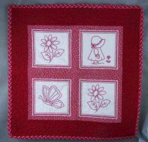 Vintage Quilt Wall Hanging Red Work Bonnet Girl Lovely  