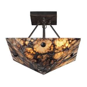  4 LIGHT SEMI FLUSH IN ANTIQUE BRASS AND VEINED STONE W14 