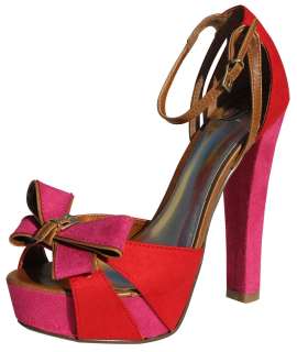 Bow knot Strappy Color Block Platform High Heels Red fuschia pink size 