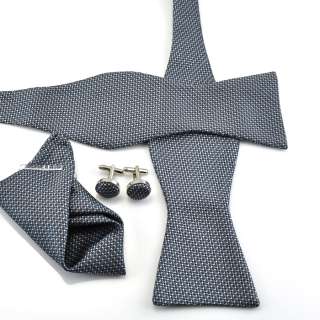 fashion grey black stripes mens tie woven silk bowtie set cufflinks 