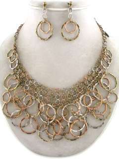 Tri Color Metal Circle Collar Necklace & Earring Set  