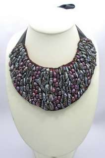 Black/Purple Freshwater Pearl Ribbon Tie Necklace with Genuine Leather 