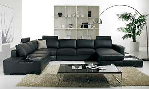 Modern Black U Shaped Leather Sectional Sofa w/ Lights  