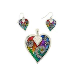 Fashion Jewelry ~ Multi Color Heart Pendant and Earrings Set  