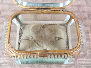 Antique Vintage Ormolu Thick Beveled Glass Jewelry Box Casket Watch #2 