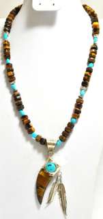   Eye & Turquoise Sterling Silver Feather Necklace   Running Bear  