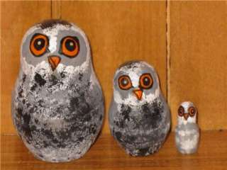 Russian Small GREY OWL nesting dolls 5 hand painted ART  