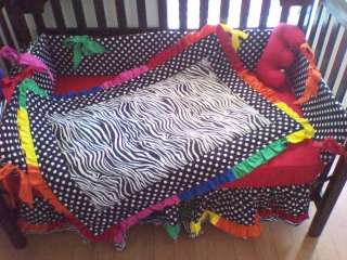 New Crib Bedding Set RAINBOW Black/ White Polka Dots and Zebra fabrics 
