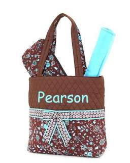 Diaper Bag Monogrammed 3 Piece Quilted Paisley Pattern Brown Turquoise 