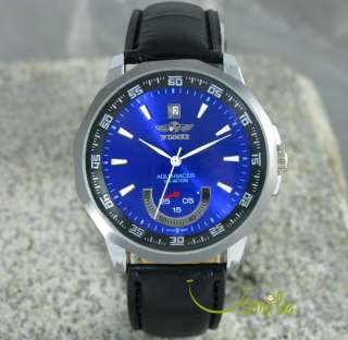 AUTO MECHANICAL LEATHER MILITARY BLUE DATE WATCH HR60  