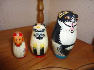 Vintage Russian Nesting Dolls Set 3 Cats Mouse Laquered Figures  