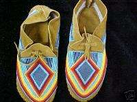 NATIVE FULL BEAD MOCCASINS RAINBOWS BLUE 9 1/2 INCHES  