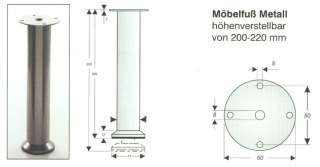 Möbelfuß Metall Dekor Edelstahl Höhe 200 220mm verstellbar Detail