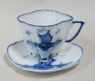 Embossed Blue and White Porcelain Ship Motif Footed Demitasse Cup and 