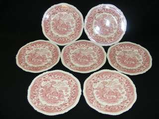 Enoch Woods Seaforth Pink / Red 7 Bread Plates   Burslem England 