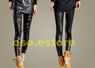 Women Stretchy Faux Leather Punk Ripped Smart Shiny Leggings Pants 