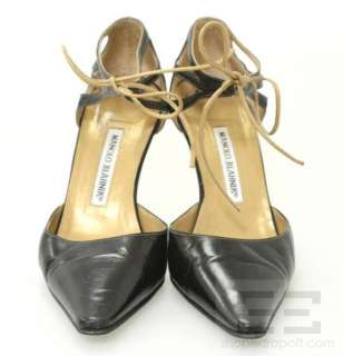 Manolo Blahnik Black Leather Cut Out Tie Ankle Heels Size 39  