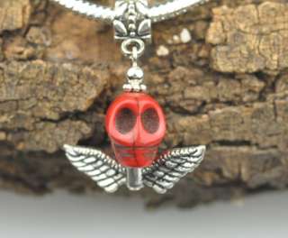 Red Day of the Dead Skull W Wings Dangle Charm Bead European Style 